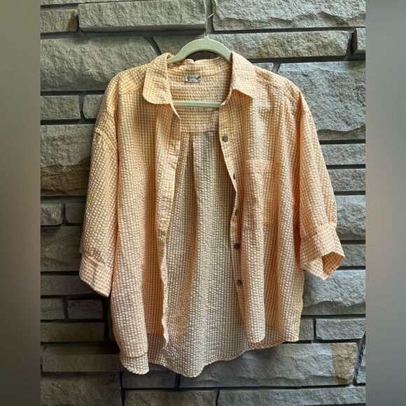 Free People Checked Out Gingham Yellow Button Up Top Medium - Picture 3 of 9